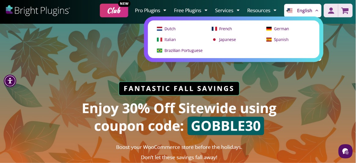 Bright Plugins Website con MultiLipi Language Toggle